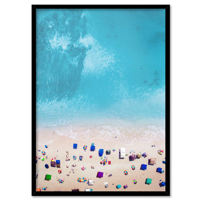 Aerial Beach Summer Day Out - Art Print, Poster, Stretched Canvas, or Framed Wall Art Print, shown in a black frame