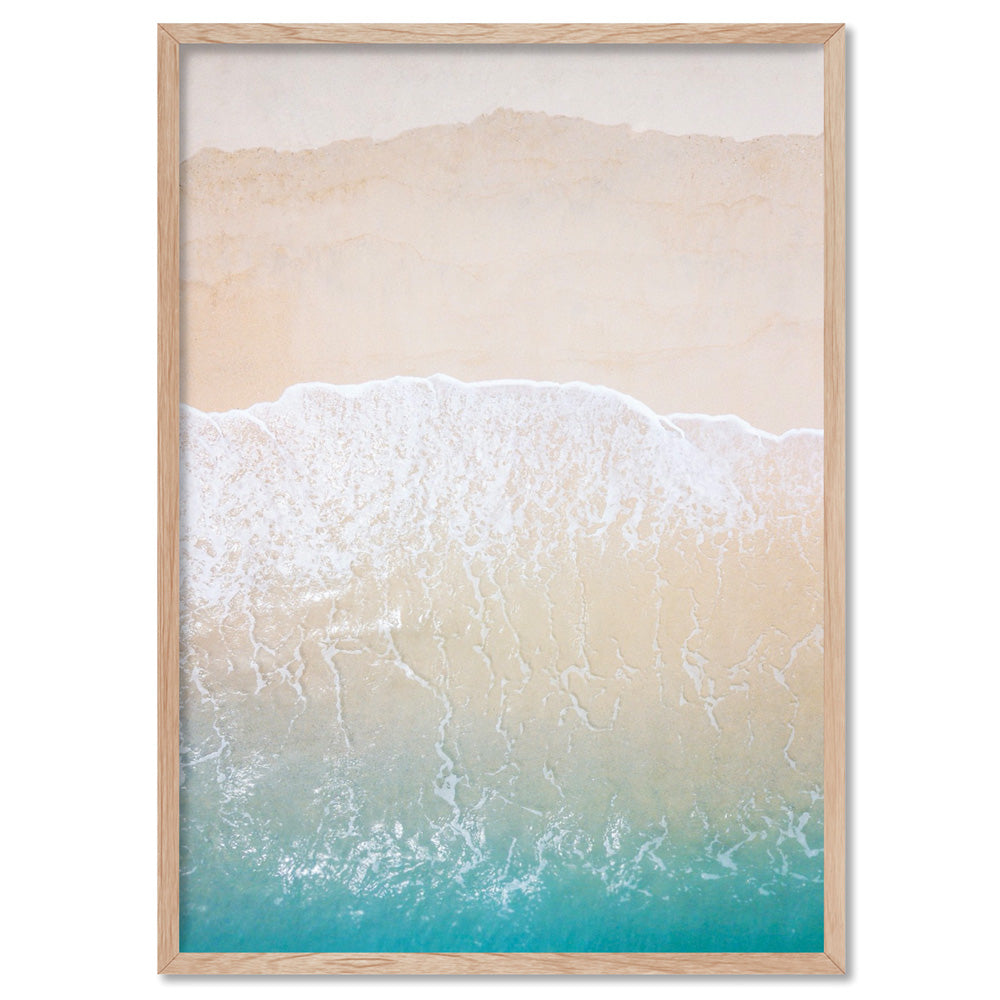 Aerial Coastal Sandy Beach - Art Print, Poster, Stretched Canvas, or Framed Wall Art Print, shown in a natural timber frame