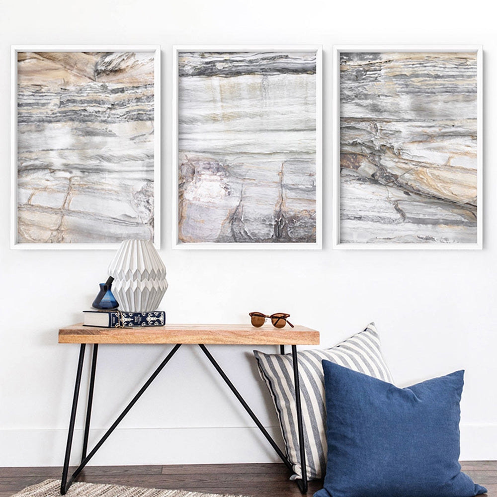 Bondi Coastal Rock Face I - Art Print, Poster, Stretched Canvas or Framed Wall Art, shown framed in a home interior space