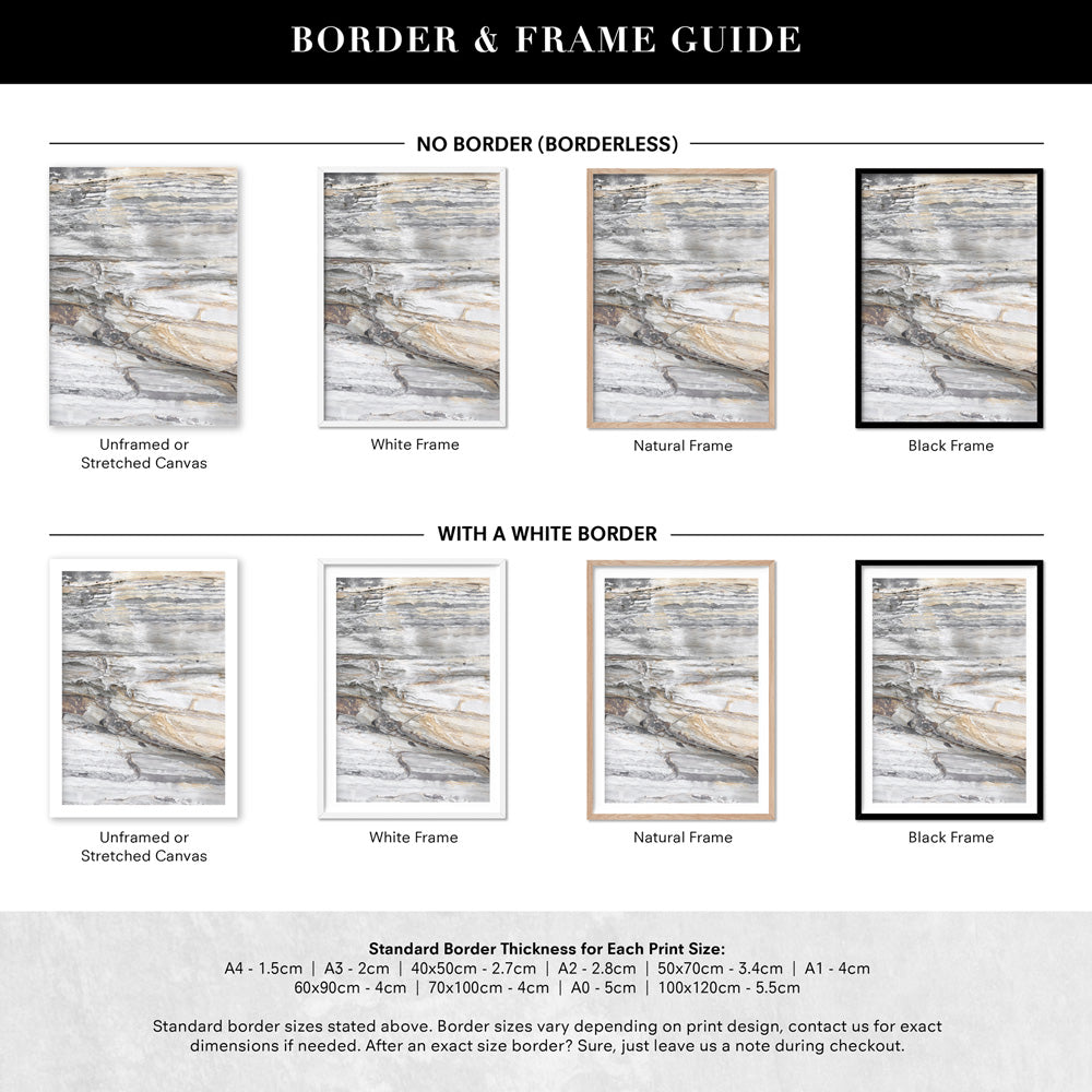 Bondi Coastal Rock Face II - Art Print, Poster, Stretched Canvas or Framed Wall Art, Showing White , Black, Natural Frame Colours, No Frame (Unframed) or Stretched Canvas, and With or Without White Borders