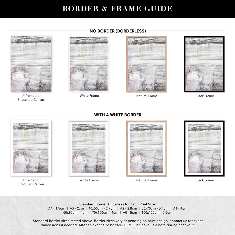 Bondi Coastal Rock Face III - Art Print, Poster, Stretched Canvas or Framed Wall Art, Showing White , Black, Natural Frame Colours, No Frame (Unframed) or Stretched Canvas, and With or Without White Borders