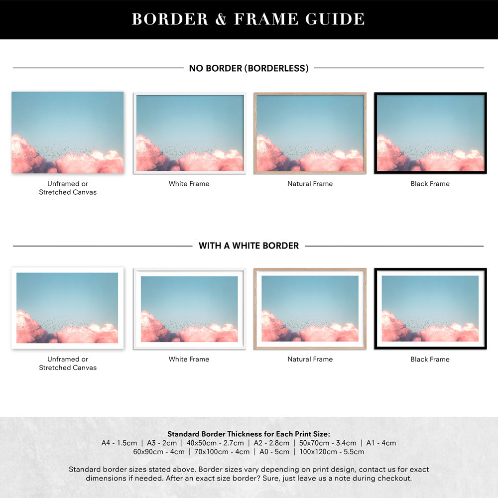 Above the Clouds in Blush, Blue Sky - Art Print, Poster, Stretched Canvas or Framed Wall Art, Showing White , Black, Natural Frame Colours, No Frame (Unframed) or Stretched Canvas, and With or Without White Borders