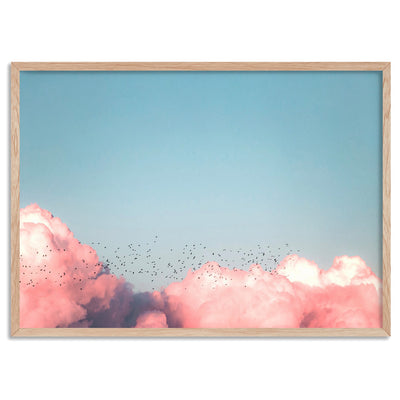 Above the Clouds in Blush, Blue Sky - Art Print, Poster, Stretched Canvas, or Framed Wall Art Print, shown in a natural timber frame