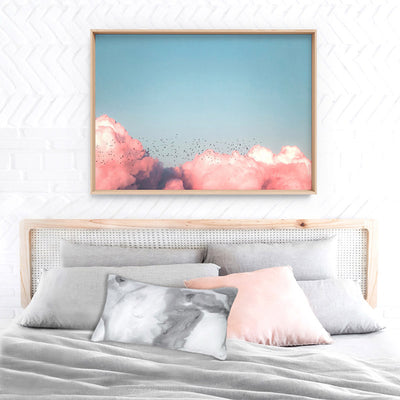 Above the Clouds in Blush, Blue Sky - Art Print, Poster, Stretched Canvas or Framed Wall Art Prints, shown framed in a room