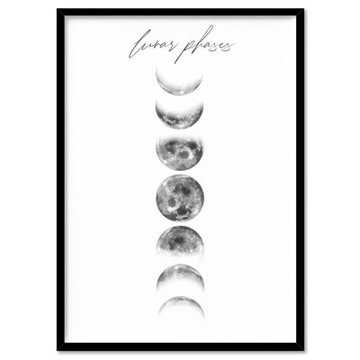 Lunar Moon Phases - Art Print, Poster, Stretched Canvas, or Framed Wall Art Print, shown in a black frame