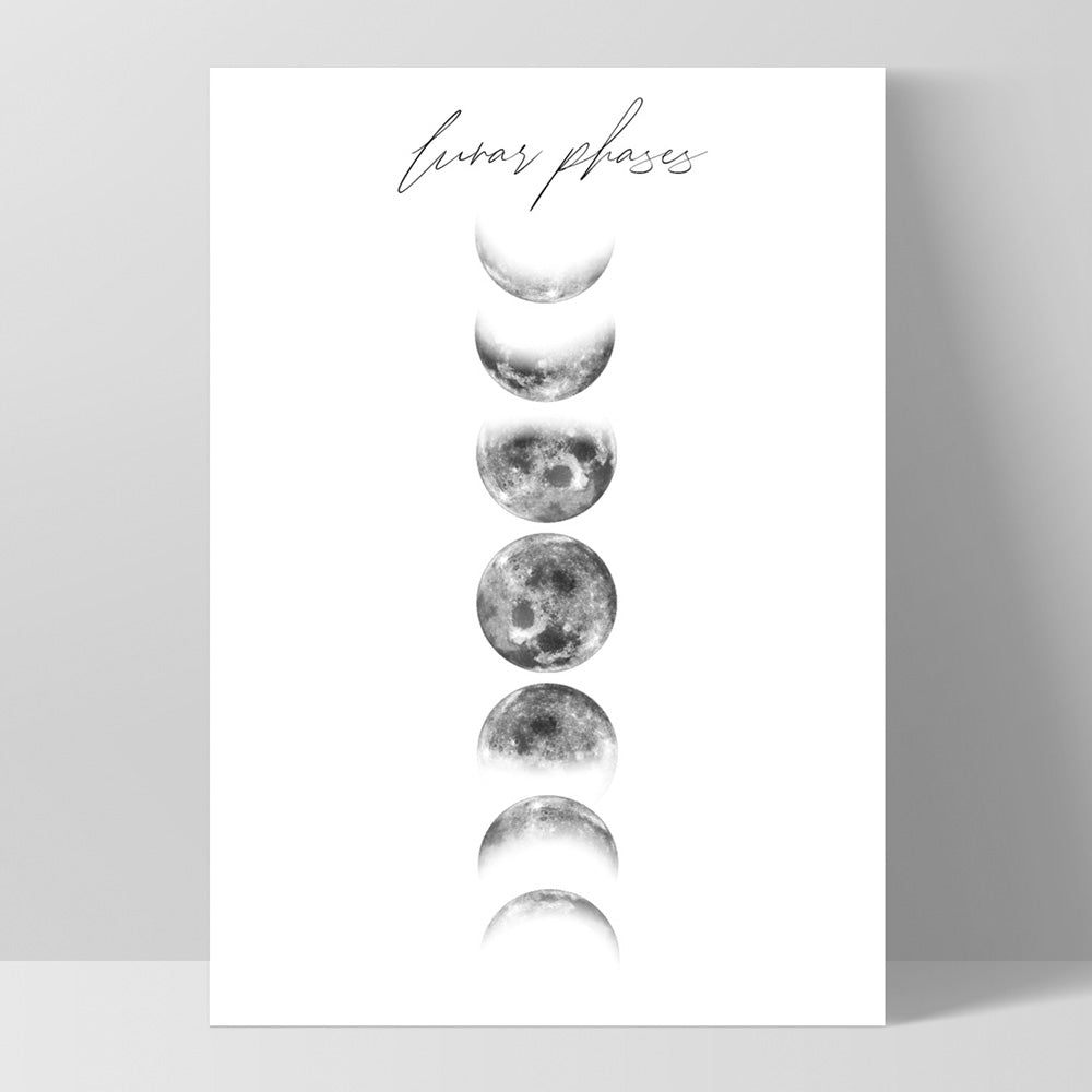 Lunar Moon Phases - Art Print, Poster, Stretched Canvas, or Framed Wall Art Print, shown as a stretched canvas or poster without a frame