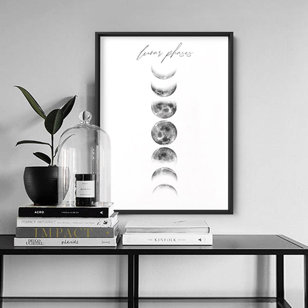 Lunar Moon Phases - Art Print, Poster, Stretched Canvas or Framed Wall Art Prints, shown framed in a room