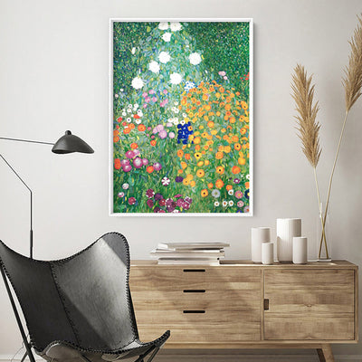 GUSTAV KLIMT | Flower Garden - Art Print, Poster, Stretched Canvas or Framed Wall Art Prints, shown framed in a room