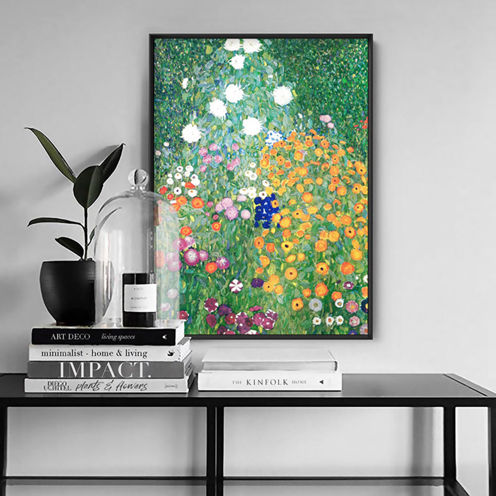 GUSTAV KLIMT | Flower Garden - Art Print, Poster, Stretched Canvas or Framed Wall Art, shown framed in a home interior space