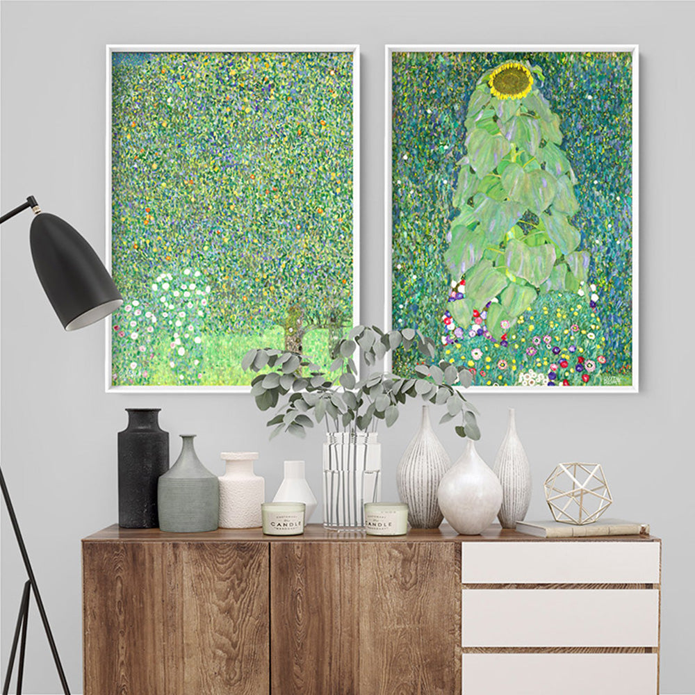 GUSTAV KLIMT | The Sunflower - Art Print, Poster, Stretched Canvas or Framed Wall Art, shown framed in a home interior space