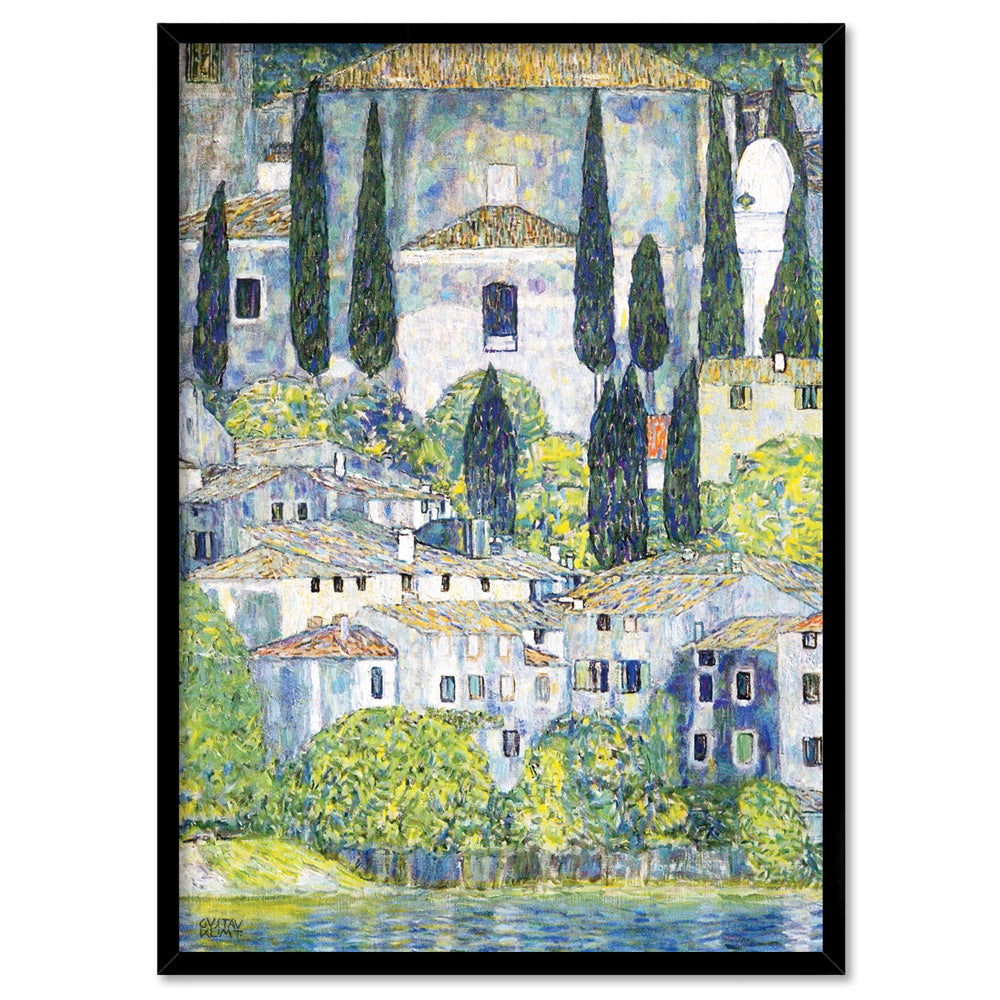GUSTAV KLIMT | Church in Cassone - Art Print, Poster, Stretched Canvas, or Framed Wall Art Print, shown in a black frame