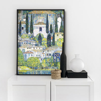 GUSTAV KLIMT | Church in Cassone - Art Print, Poster, Stretched Canvas or Framed Wall Art Prints, shown framed in a room