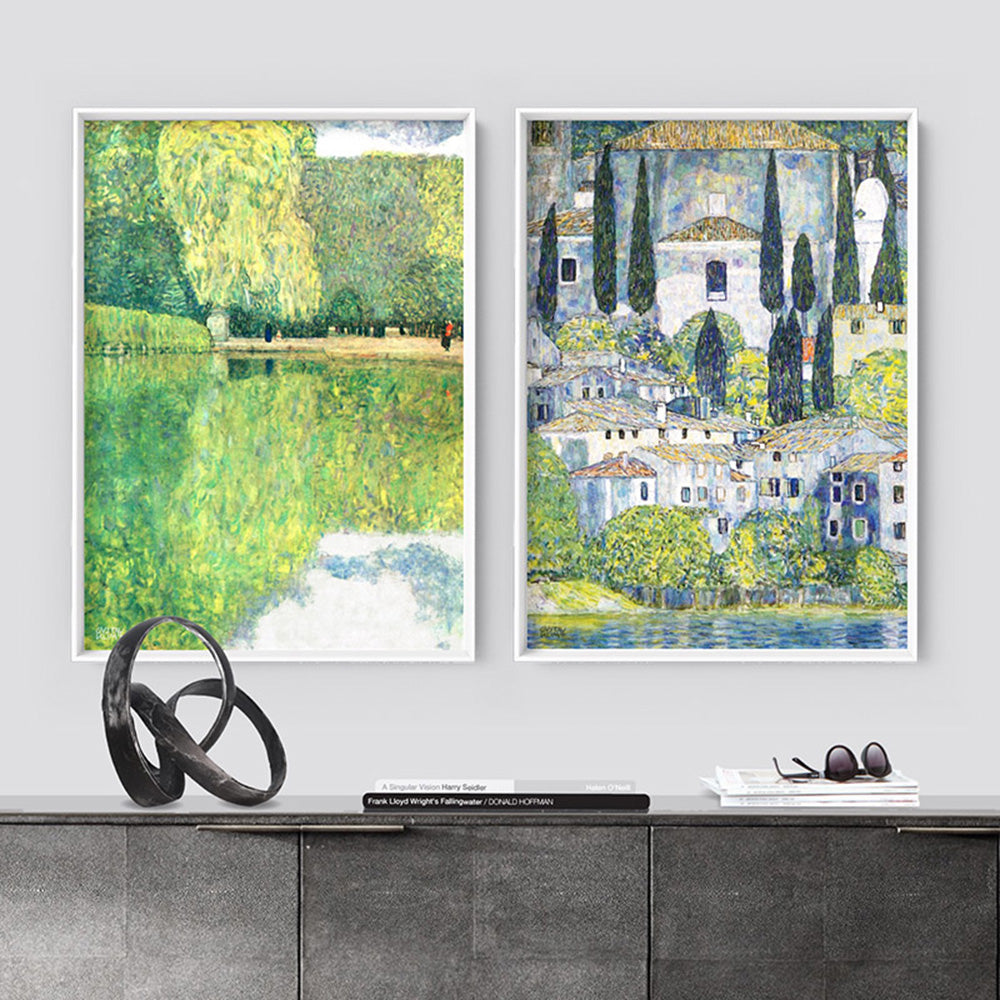 GUSTAV KLIMT | Church in Cassone - Art Print, Poster, Stretched Canvas or Framed Wall Art, shown framed in a home interior space