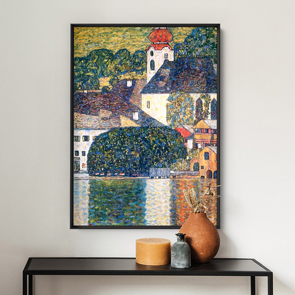 GUSTAV KLIMT | Church in Unterach on Attersee - Art Print, Poster, Stretched Canvas or Framed Wall Art Prints, shown framed in a room