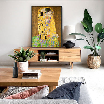GUSTAV KLIMT | The Kiss - Art Print, Poster, Stretched Canvas or Framed Wall Art Prints, shown framed in a room