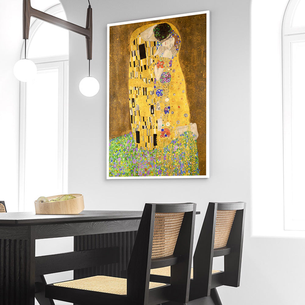 GUSTAV KLIMT | The Kiss - Art Print, Poster, Stretched Canvas or Framed Wall Art, shown framed in a home interior space