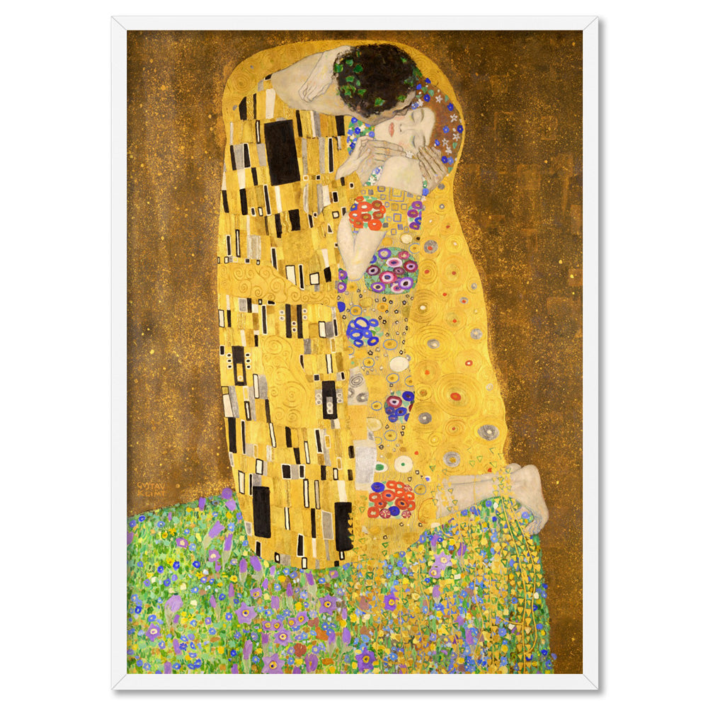 GUSTAV KLIMT | The Kiss - Art Print, Poster, Stretched Canvas, or Framed Wall Art Print, shown in a white frame