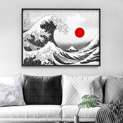 KATSUSHIKA HOKUSAI | The Great Wave off Kanagawa BW - Art Print, Poster, Stretched Canvas or Framed Wall Art Prints, shown framed in a room