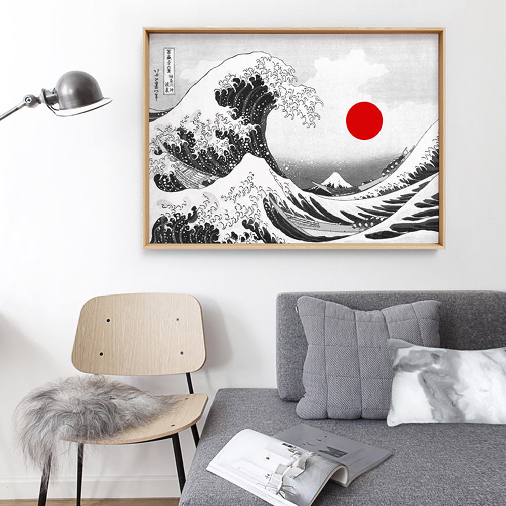 KATSUSHIKA HOKUSAI | The Great Wave off Kanagawa BW - Art Print, Poster, Stretched Canvas or Framed Wall Art, shown framed in a home interior space