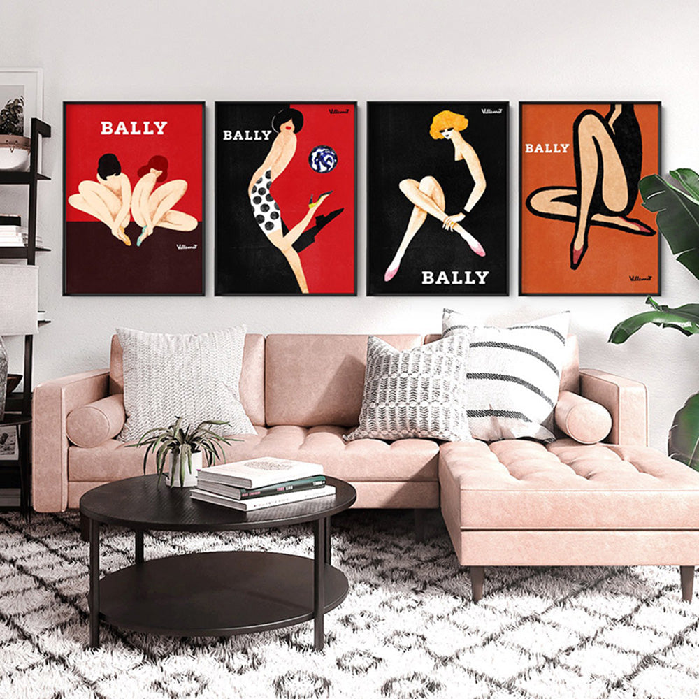 Bernard Villemot | Bally Kick in Sketch Grainy Effect - Art Print, Poster, Stretched Canvas or Framed Wall Art, shown framed in a home interior space