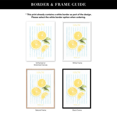 Agrumi No 2 | Lemon - Art Print by Vanessa, Poster, Stretched Canvas or Framed Wall Art, Showing White , Black, Natural Frame Colours, No Frame (Unframed) or Stretched Canvas, and With or Without White Borders