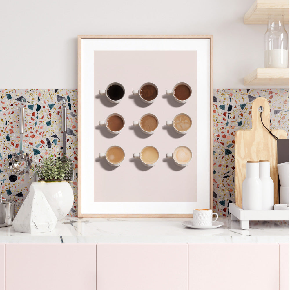 Shades of Coffee - Art Print, Poster, Stretched Canvas or Framed Wall Art Prints, shown framed in a room