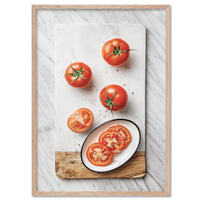 Tomatoes on Stone - Art Print, Poster, Stretched Canvas, or Framed Wall Art Print, shown in a natural timber frame