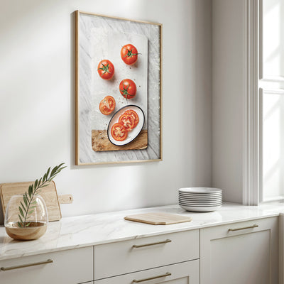 Tomatoes on Stone - Art Print, Poster, Stretched Canvas or Framed Wall Art Prints, shown framed in a room