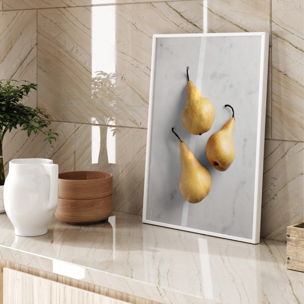 Pears on Stone - Art Print, Poster, Stretched Canvas or Framed Wall Art Prints, shown framed in a room