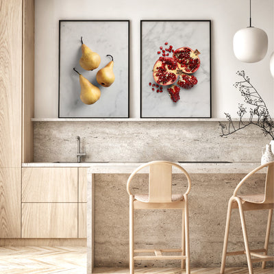 Pears on Stone - Art Print, Poster, Stretched Canvas or Framed Wall Art, shown framed in a home interior space