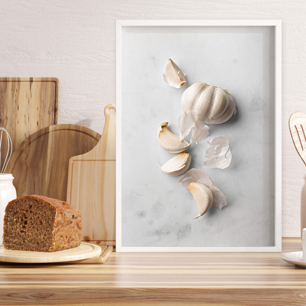 Garlic on Stone - Art Print, Poster, Stretched Canvas or Framed Wall Art Prints, shown framed in a room