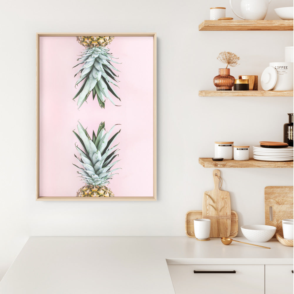 Pineapples on Pink - Art Print, Poster, Stretched Canvas or Framed Wall Art Prints, shown framed in a room