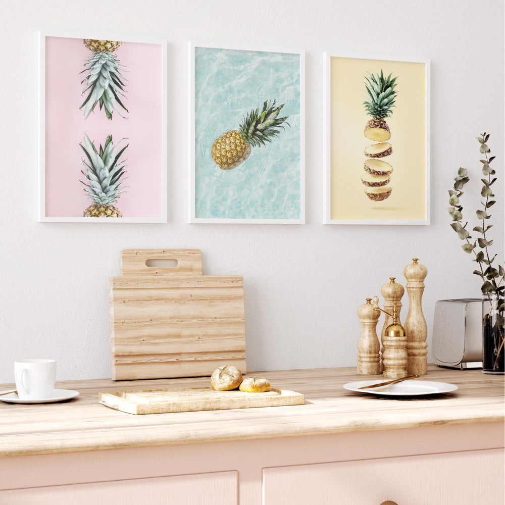 Pineapples on Pink - Art Print, Poster, Stretched Canvas or Framed Wall Art, shown framed in a home interior space