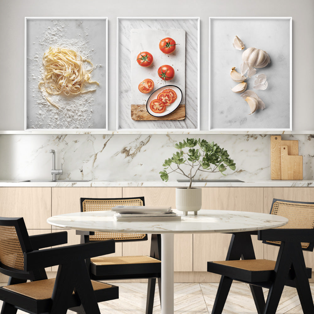 Pasta on Stone - Art Print, Poster, Stretched Canvas or Framed Wall Art, shown framed in a home interior space
