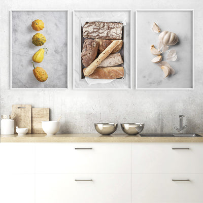 Pumpkins on Stone - Art Print, Poster, Stretched Canvas or Framed Wall Art, shown framed in a home interior space