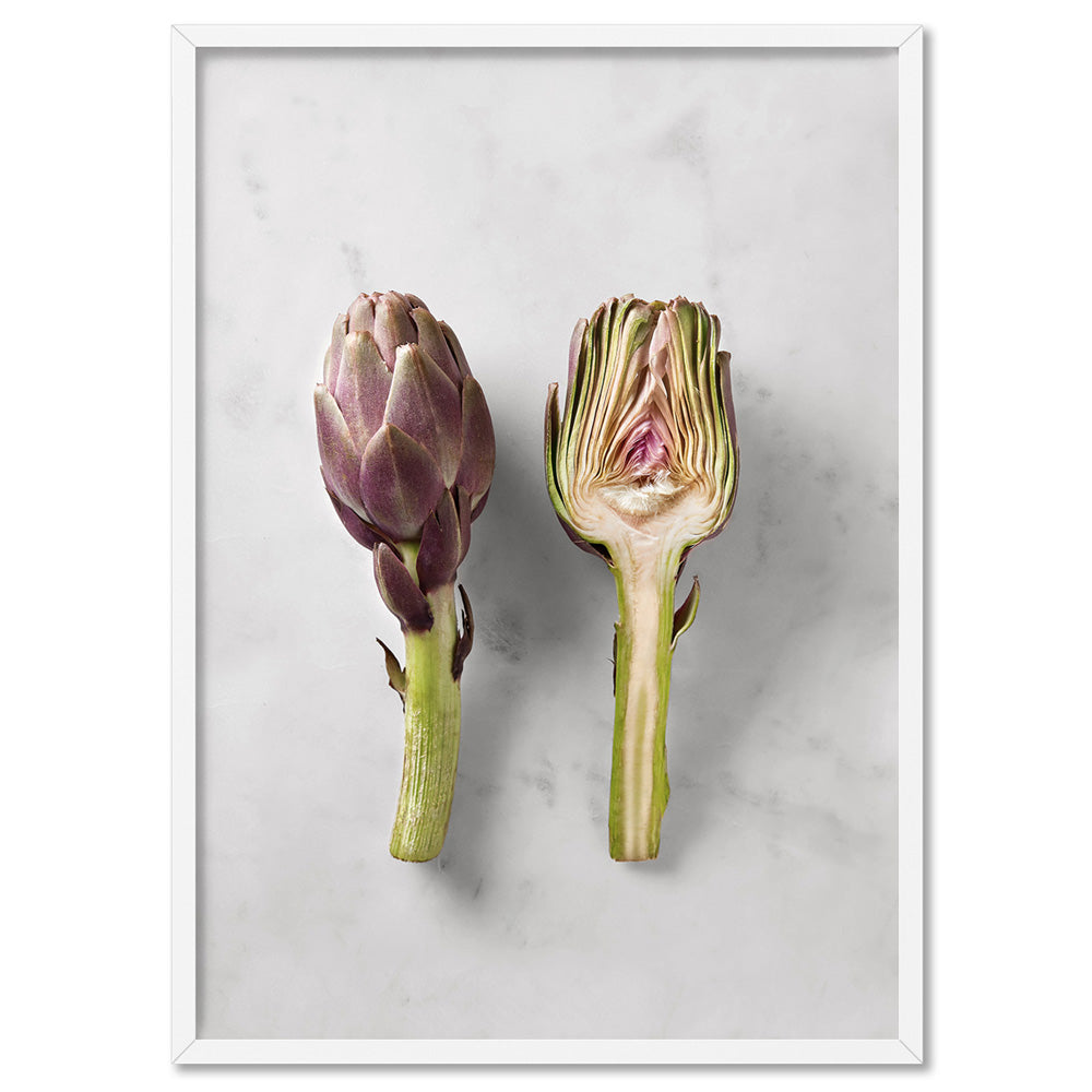 Artichoke on Stone - Art Print, Poster, Stretched Canvas, or Framed Wall Art Print, shown in a white frame