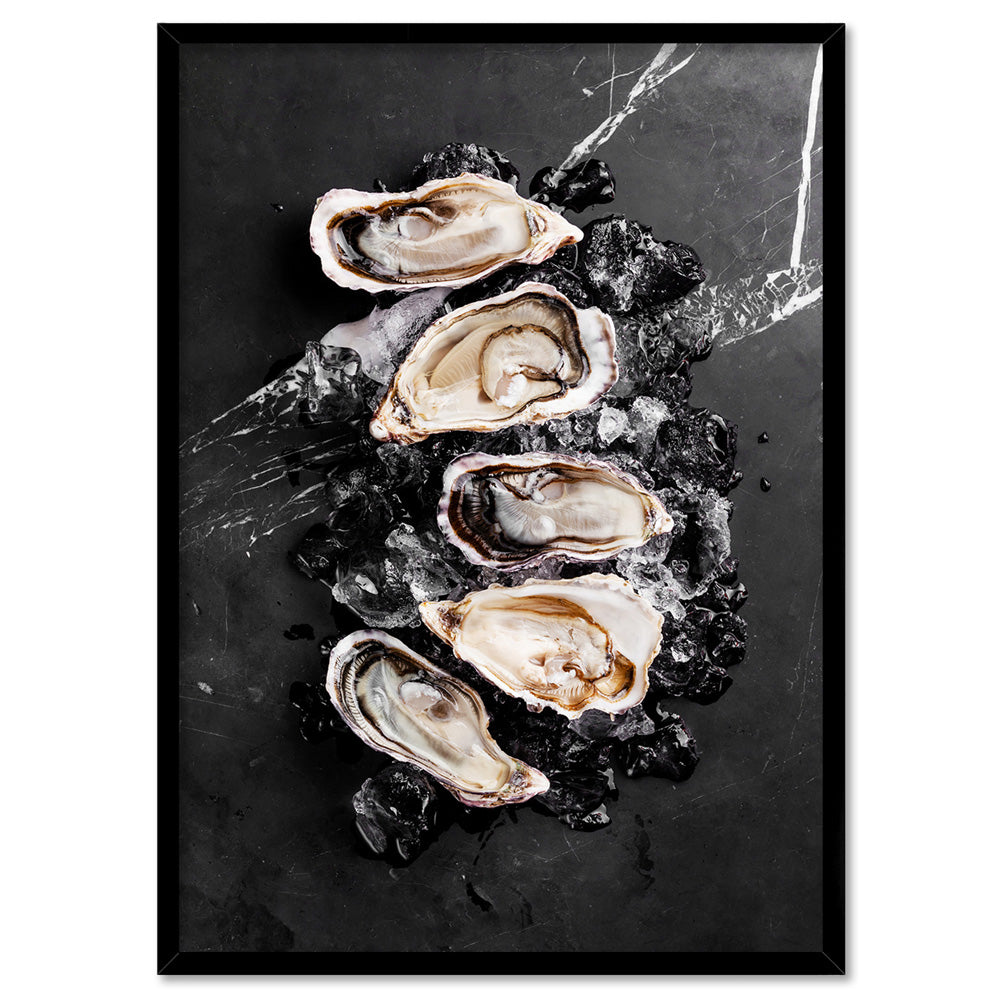 Oysters on Black - Art Print, Poster, Stretched Canvas, or Framed Wall Art Print, shown in a black frame