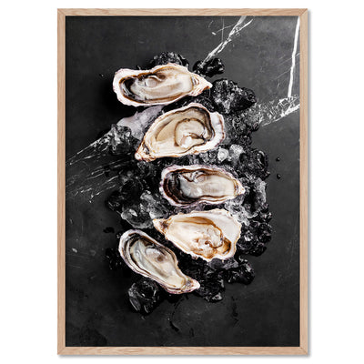 Oysters on Black - Art Print, Poster, Stretched Canvas, or Framed Wall Art Print, shown in a natural timber frame