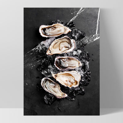 Oysters on Black - Art Print, Poster, Stretched Canvas, or Framed Wall Art Print, shown as a stretched canvas or poster without a frame