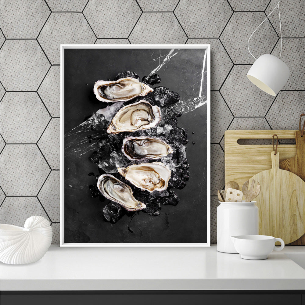 Oysters on Black - Art Print, Poster, Stretched Canvas or Framed Wall Art Prints, shown framed in a room