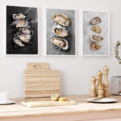 Oysters on Black - Art Print, Poster, Stretched Canvas or Framed Wall Art, shown framed in a home interior space