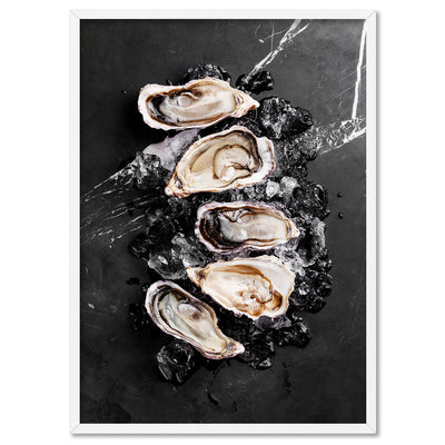 Oysters on Black - Art Print, Poster, Stretched Canvas, or Framed Wall Art Print, shown in a white frame