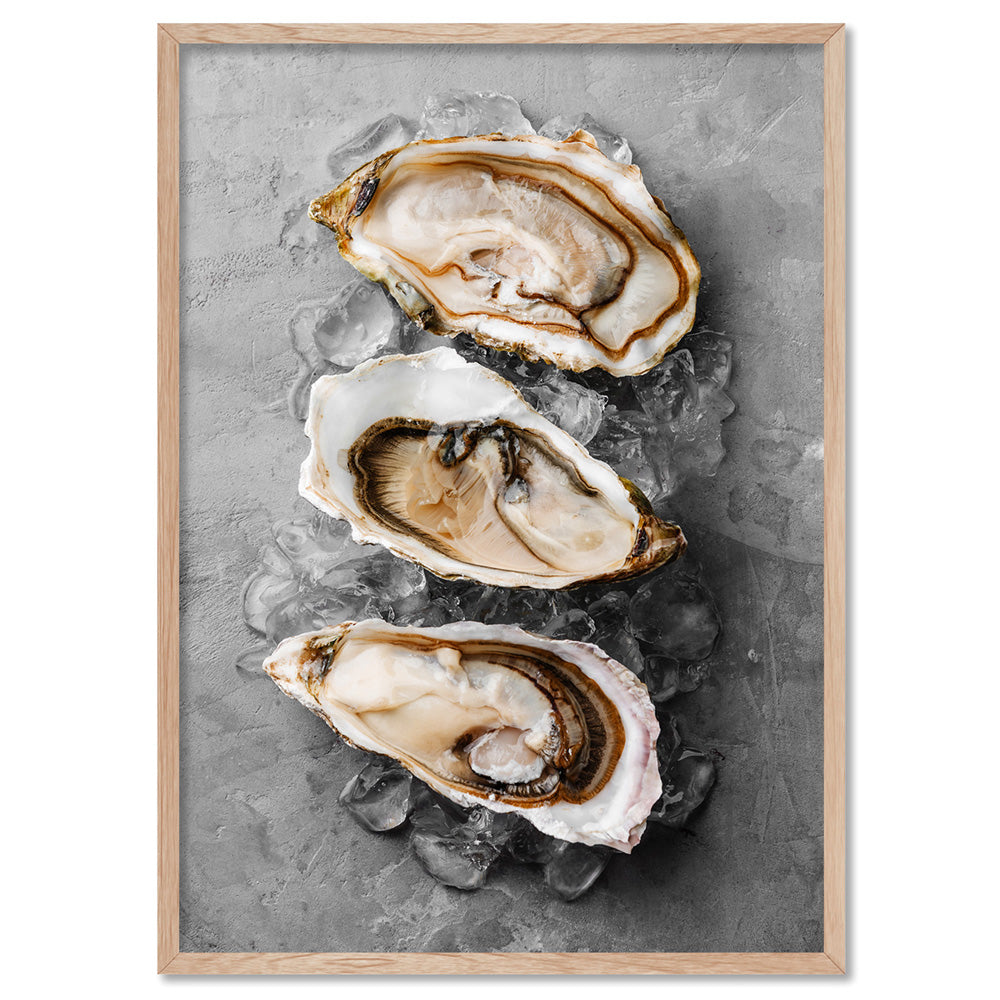 Oysters on Concrete - Art Print, Poster, Stretched Canvas, or Framed Wall Art Print, shown in a natural timber frame
