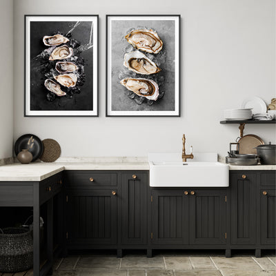 Oysters on Concrete - Art Print, Poster, Stretched Canvas or Framed Wall Art, shown framed in a home interior space