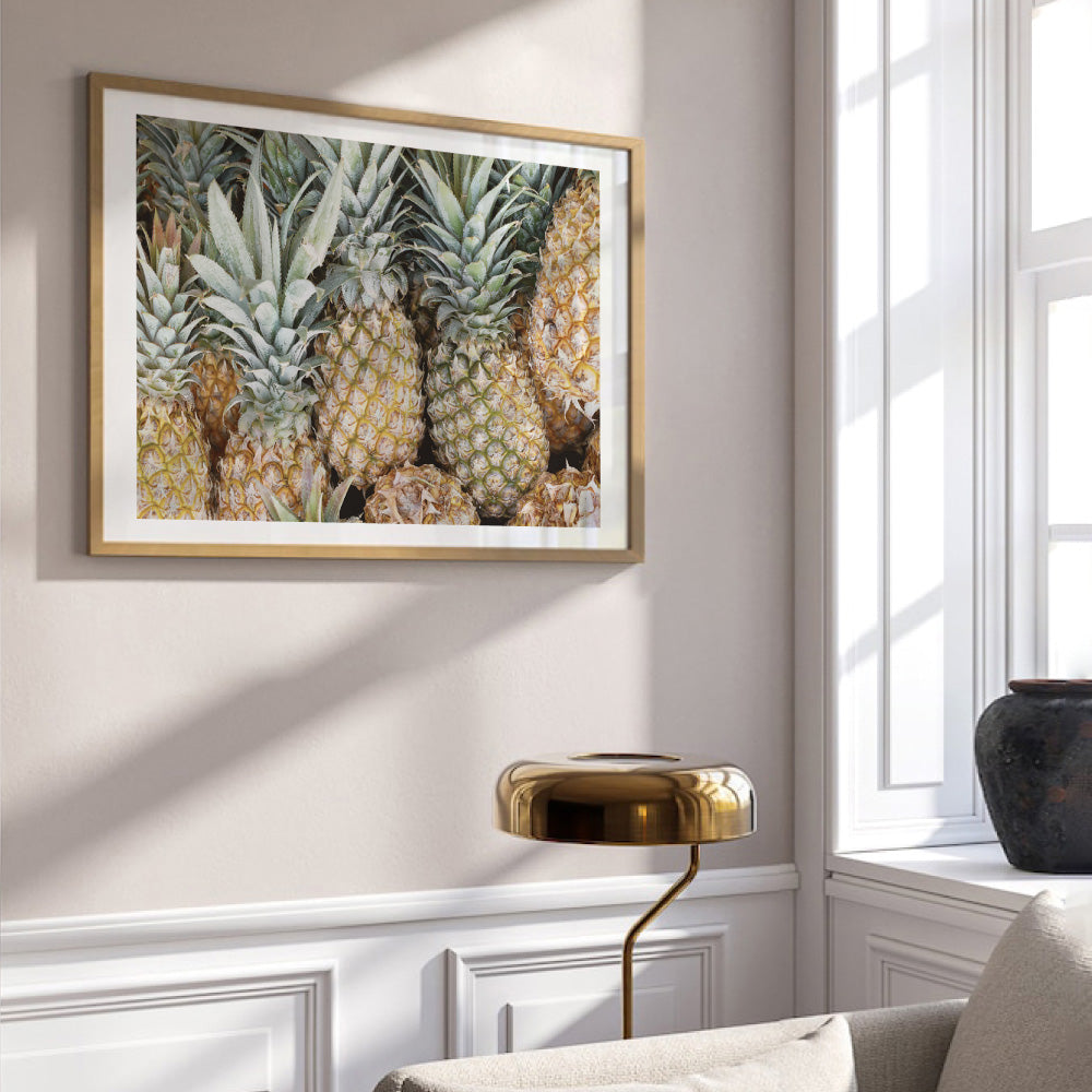 Pineapples in Landscape - Art Print, Poster, Stretched Canvas or Framed Wall Art, shown framed in a home interior space