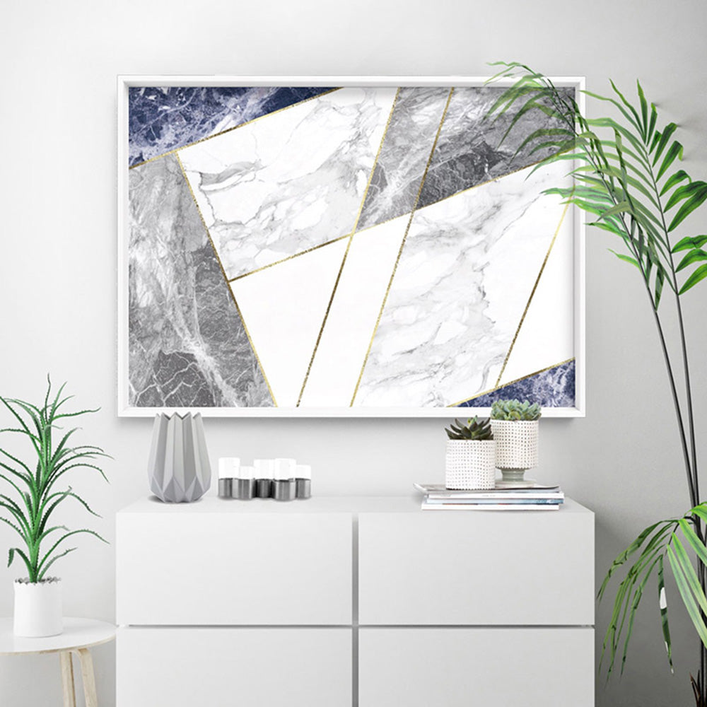Geometric Marble Slices Cobalt Landscape - Art Print, Poster, Stretched Canvas or Framed Wall Art Prints, shown framed in a room