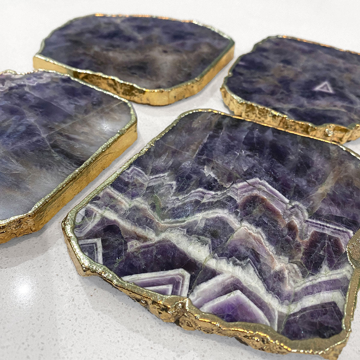 Agate Gold Edged Coasters in Amythest. Set of 4. Close up view