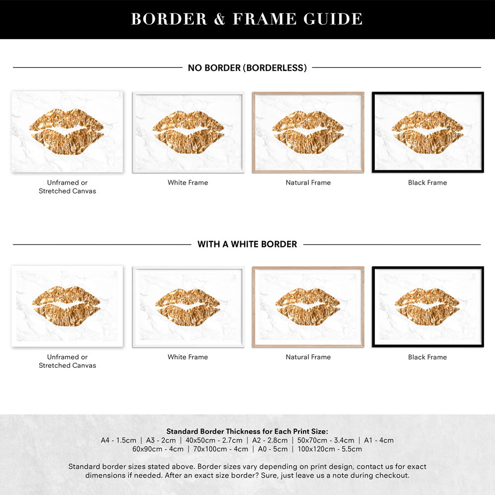Solid Kiss White Marble & Gold (faux look foil) - Art Print, Poster, Stretched Canvas or Framed Wall Art, Showing White , Black, Natural Frame Colours, No Frame (Unframed) or Stretched Canvas, and With or Without White Borders