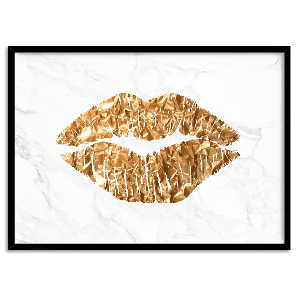 Solid Kiss White Marble & Gold (faux look foil) - Art Print, Poster, Stretched Canvas, or Framed Wall Art Print, shown in a black frame