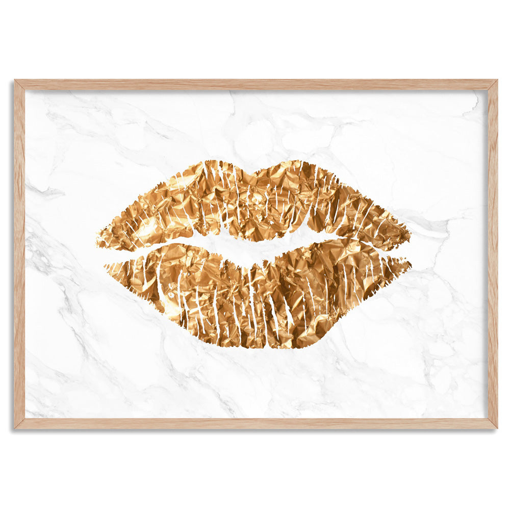 Solid Kiss White Marble & Gold (faux look foil) - Art Print, Poster, Stretched Canvas, or Framed Wall Art Print, shown in a natural timber frame
